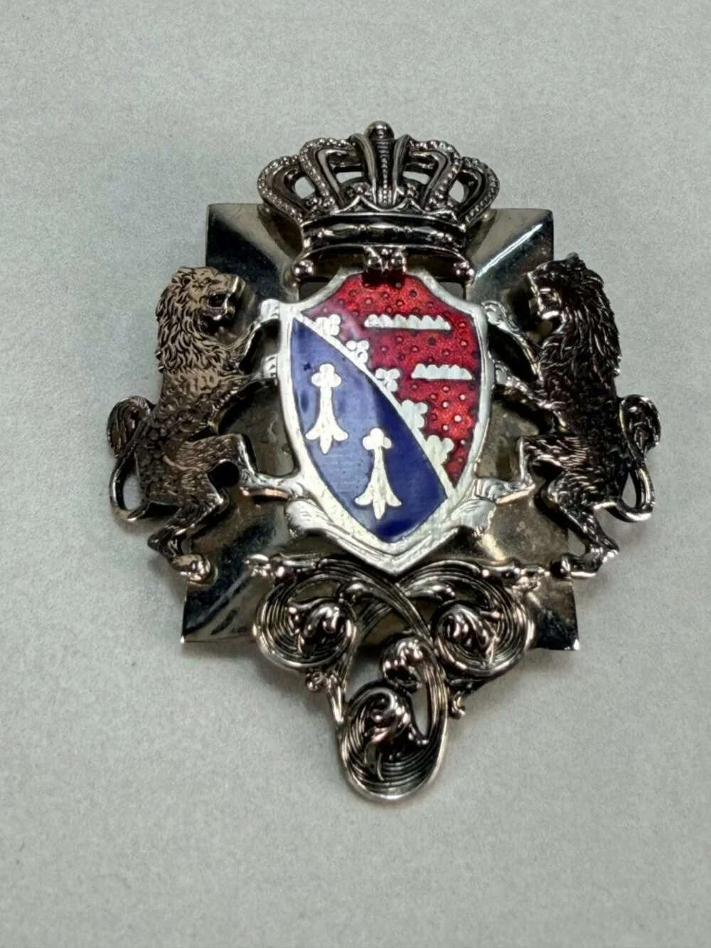 Vintage Marino Heraldic Crest Lions Crown Shield Brooch Enamel Silver Tone